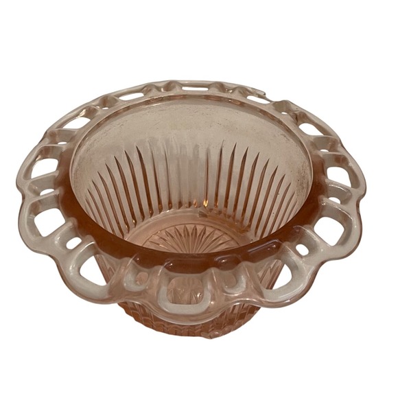 Other - Vintage Pink Depression Glass Open Lace Edge Bowl Ribbed Starburst Planter FLAW
